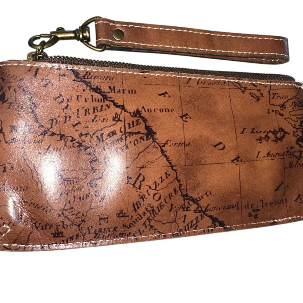 Patricia Nash Vintage Map Print Brown Leather Wristlet